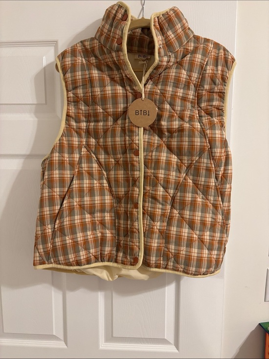 BiBi Jackets & Blazers - BiBi Plaid Quilted Vest in Yellow and Orange Trim